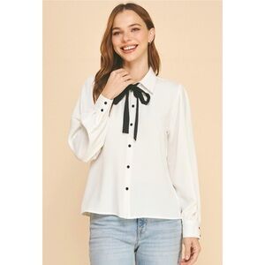1151 • Cream Blouson Georgette Top w/Black Fabric Buttons & Thin Black Neck Bow
